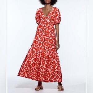 ZARA Women's Printed Poplin 3/4 Sleeve Dress, Red & White Floral, XS NWOT